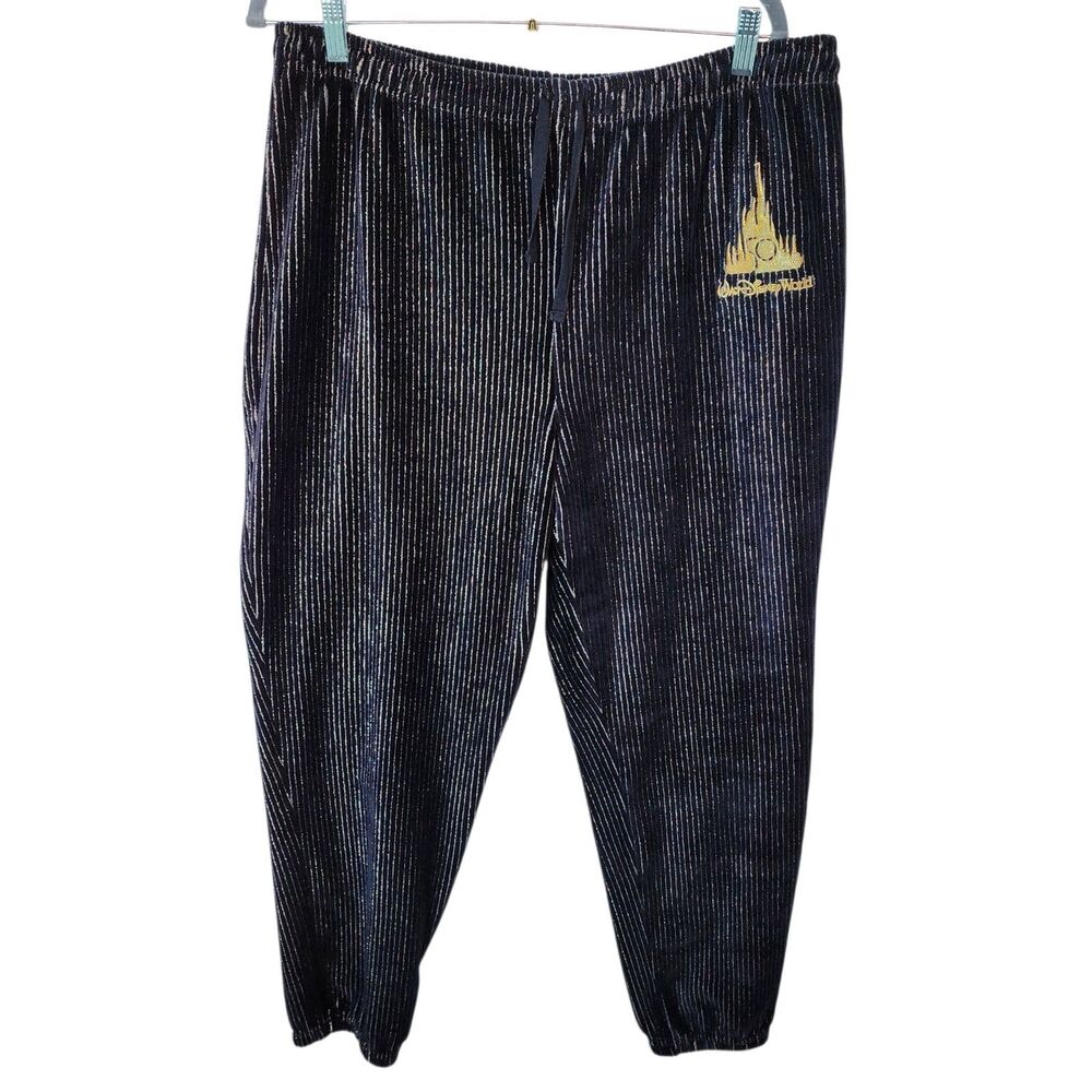 Disney World 50th Spirit Jersey Velour Jogger Pants XL Navy Gold Pinstripe